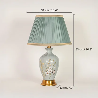 Sage green ceramic table lamp, shade 23 x 34 x 20 cm (9.1 x 13.4 x 7.9 inches), body 53 x 34 x 12 cm (20.9 x 13.4 x 4.7 inches) dimensions