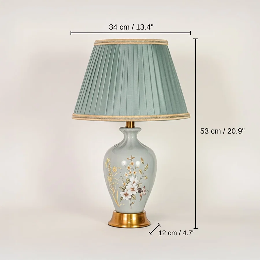 Sage green ceramic table lamp, shade 23 x 34 x 20 cm (9.1 x 13.4 x 7.9 inches), body 53 x 34 x 12 cm (20.9 x 13.4 x 4.7 inches) dimensions