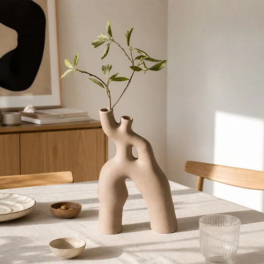 Beige abstract ceramic flower vase with green stems placed on dining table for modern decor styling.