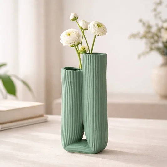 Green ceramic ribbed double vase placed on living room table with white flowers styled for modern home decor.