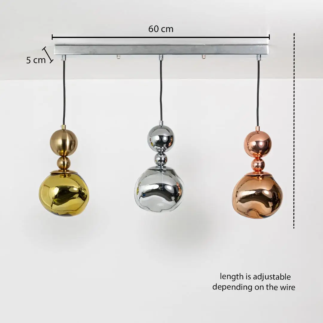 Silver metal ceiling mounting plate dimension image with 5 cm width and 60 cm length for pendant light installation.