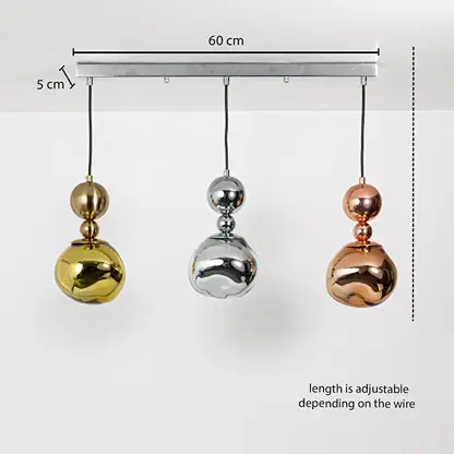 Silver metal ceiling mounting plate dimension image with 5 cm width and 60 cm length for pendant light installation.