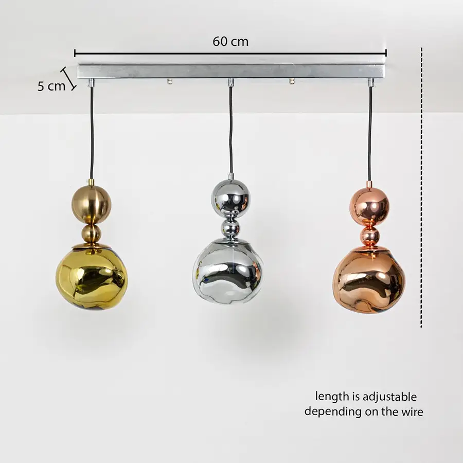 Silver metal ceiling mounting plate dimension image with 5 cm width and 60 cm length for pendant light installation.