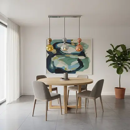 Mixed glass pendant lights creating elegant ambience above the dining table in stylish interiors.