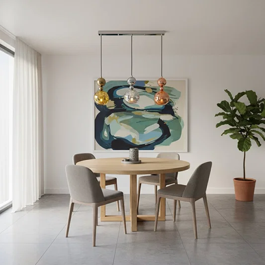 Mixed glass pendant lights creating elegant ambience above the dining table in stylish interiors.