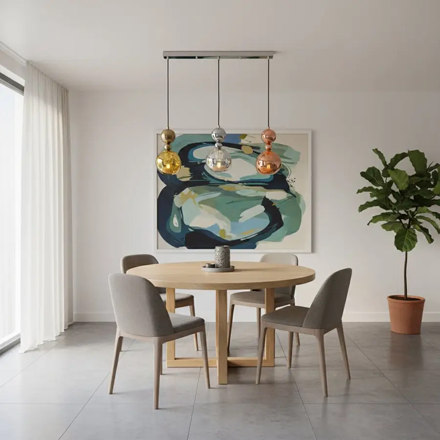 Mixed glass pendant lights creating elegant ambience above the dining table in stylish interiors.