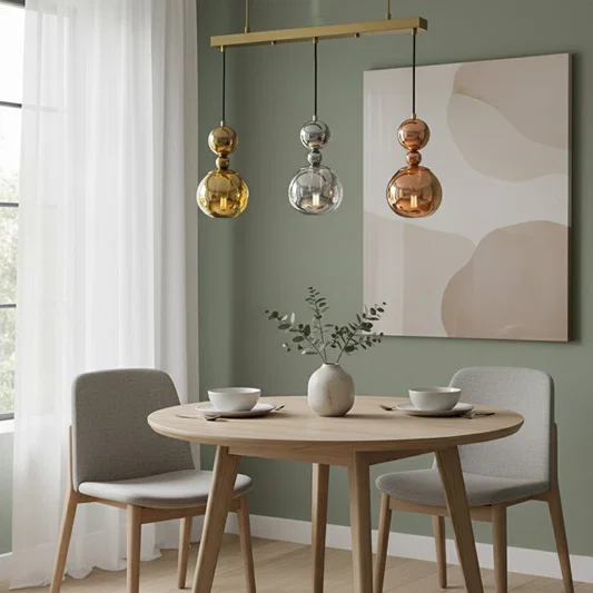 Amber silver and copper glass pendant lights adding elegance above the dining table in modern interiors.
