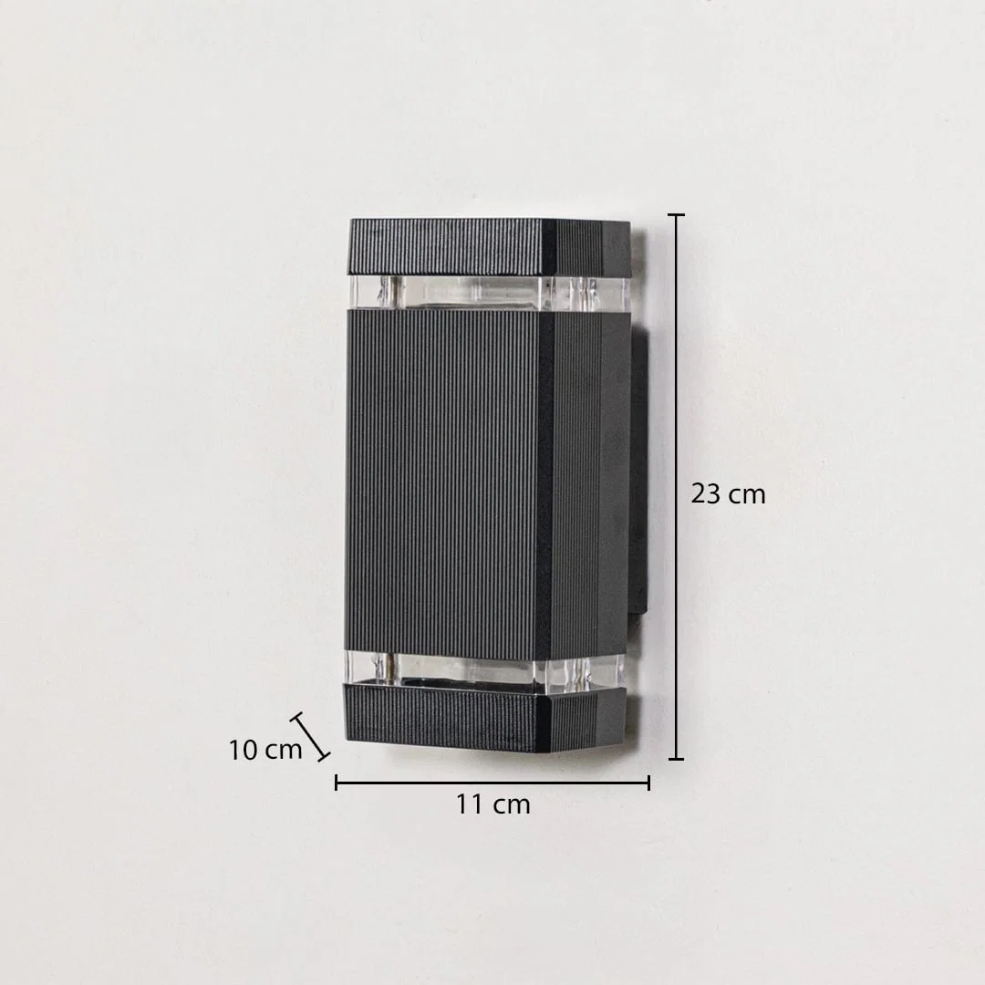 Rectangular black wall light dimension image showing 23 cm height and 11 cm width with minimalist build.
