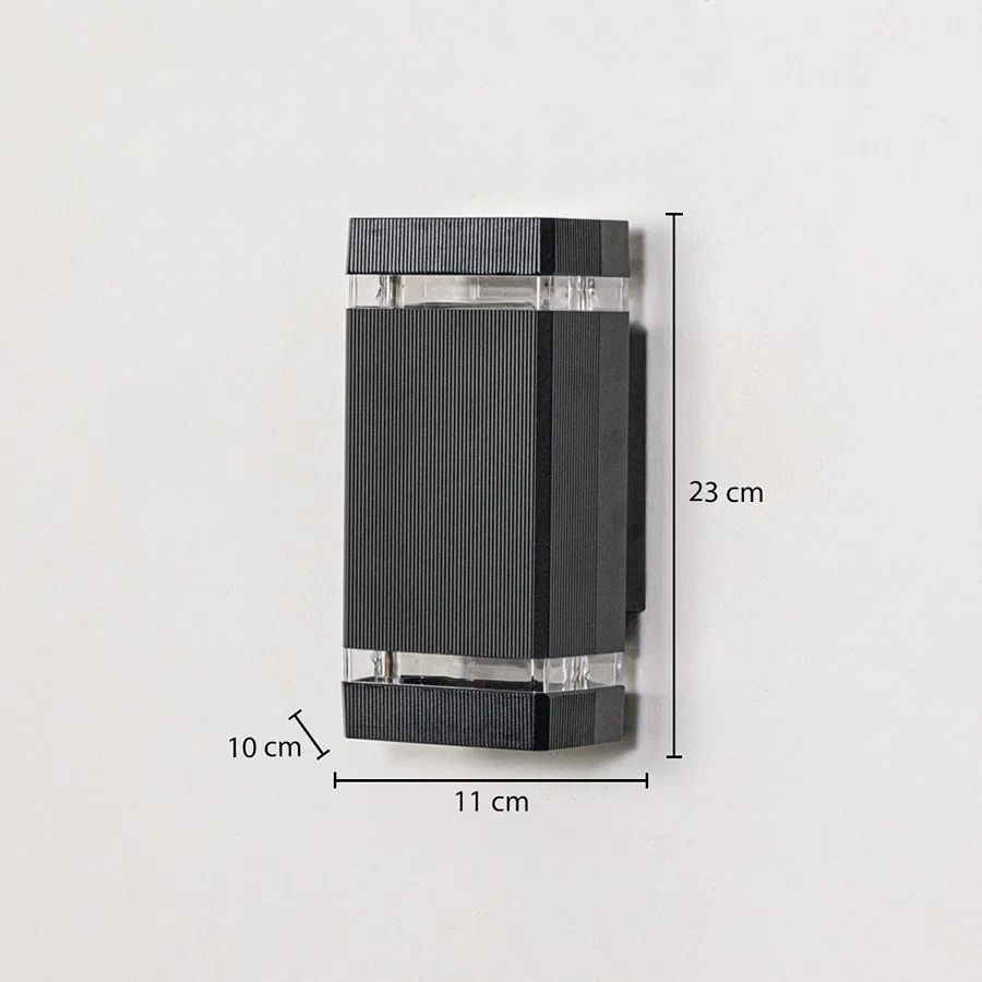 Rectangular black wall light dimension image showing 23 cm height and 11 cm width with minimalist build.