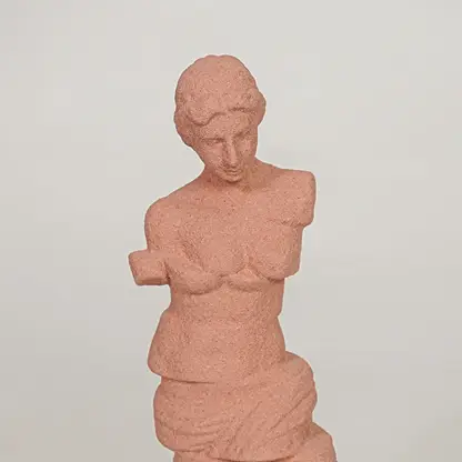 Closeup of terracotta resin lady sculpture with textured finish for artistic tabletop and shelf decor styling.