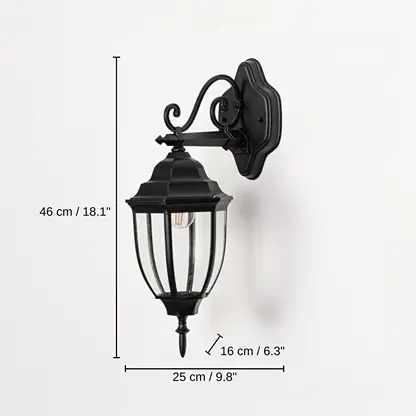 Black metal wall lantern with clear glass shade, 46 x 25 x 16 cm (18.1 x 9.8 x 6.3 inches) dimensions