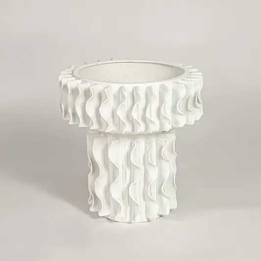 White ceramic frilled large vase with textured layered design isolated on clean white background for elegant home decor styling.
