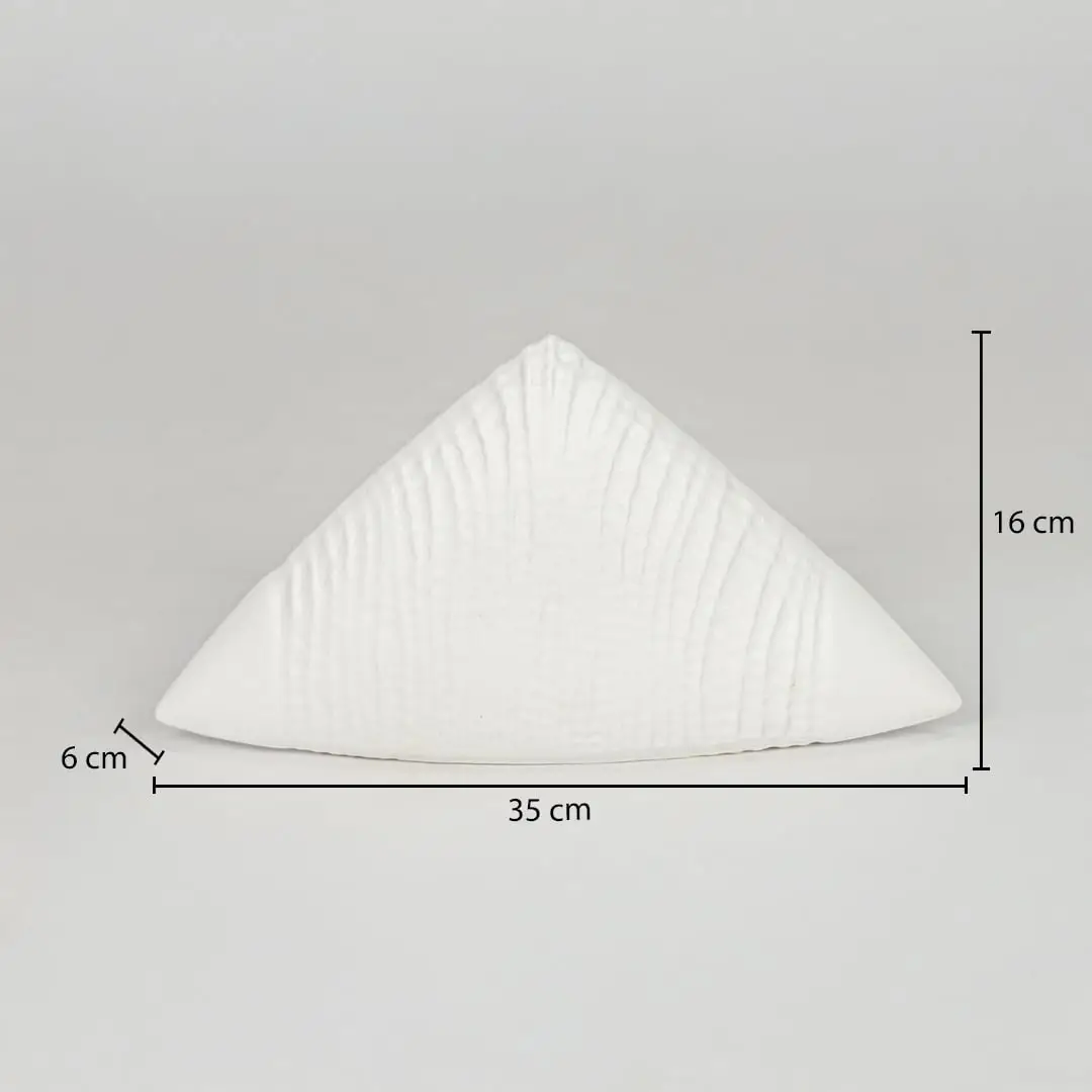 White ceramic decorative showpiece size 6 cm height 30 cm length modern textured decor object dimension reference image.