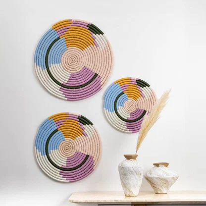 Handcrafted pastel seagrass wall basket set for living room bedroom hallway and boho home wall décor styling.