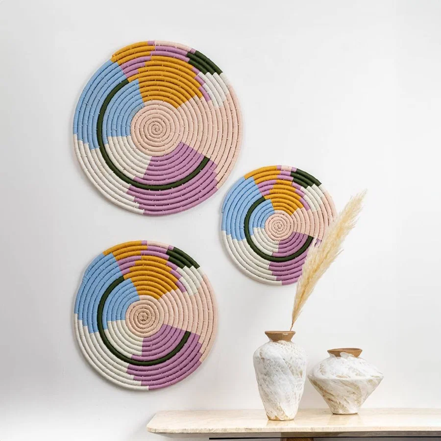 Handcrafted pastel seagrass wall basket set for living room bedroom hallway and boho home wall décor styling.